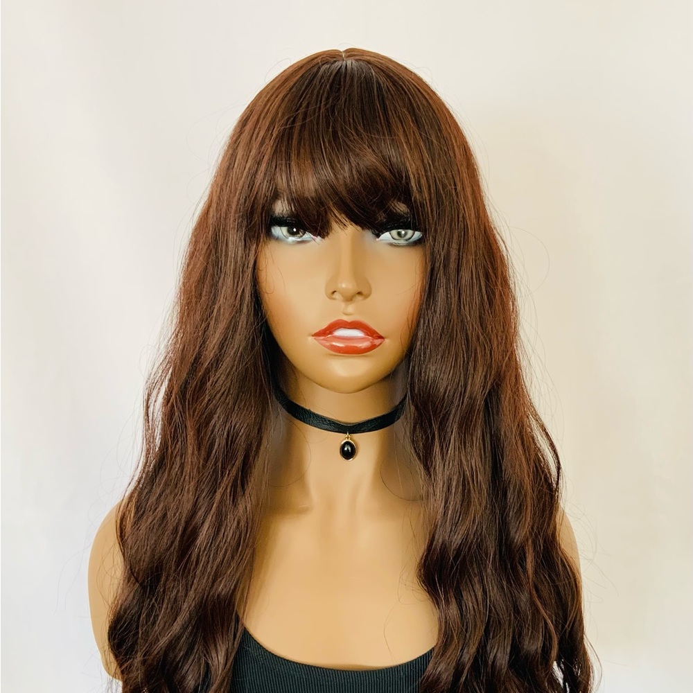 Long Chestnut Brown 🤎 Premium Synthetic “Put On & Go” Wig with Bangs 😊